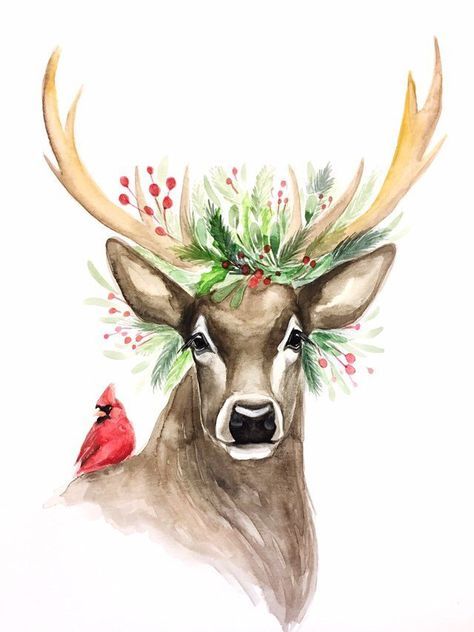 Christmas Card Art, Deer Art, Watercolor Christmas Cards, Art Carte, A Deer, Christmas Drawing, Christmas Paintings, Christmas Deer, Christmas Watercolor