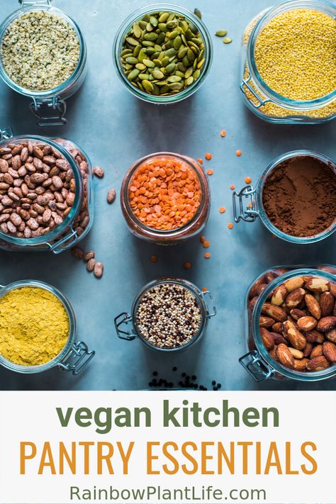 If you're new to vegan cooking or want to try out a plant-based diet, you need to read this three-part guide to stocking a vegan pantry and kitchen! I share my vegan pantry essentials and kitchen staples and how to use them to cook delicious, healthy vegan meals. #veganpantry #vegancooking #plantbasedcooking #rainbowplantlife Vegan Pantry Essentials, Vegan Pantry Staples, Cashew Cream Recipe, Vegan Staples, Vegan Pantry, Pasta Varieties, Pantry Essentials, Vegan Meal Prep, Vegan Kitchen