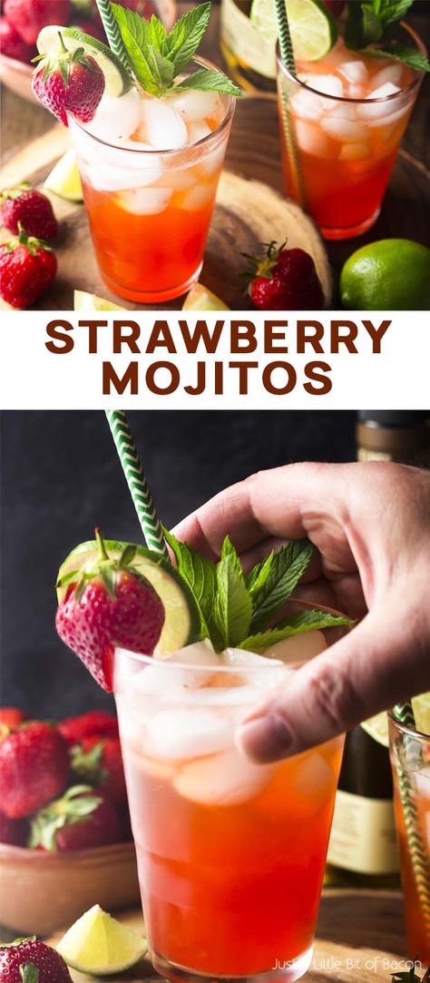 For a summertime twist on a classic cocktail try my strawberry mojitos! Lime, mint, rum, fresh fruit, and sparkling water make an easy drink perfect for hot weather. | justalittlebitofbacon.com Strawberry Mojitos, Strawberry Mojito Recipe, Cranberry Juice And Vodka, Cocktail Gin, Coctails Recipes, Strawberry Mojito, Mojito Recipe, Summer Cocktail Recipes, Cocktail Recipes Easy