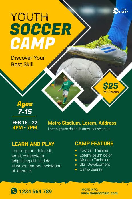 Camp Poster Design, Kids Football Training, Camp Poster, Camp Flyer, Football Logo Design, Soccer Camp, Football Posters, Football Camp, Poster Template Free