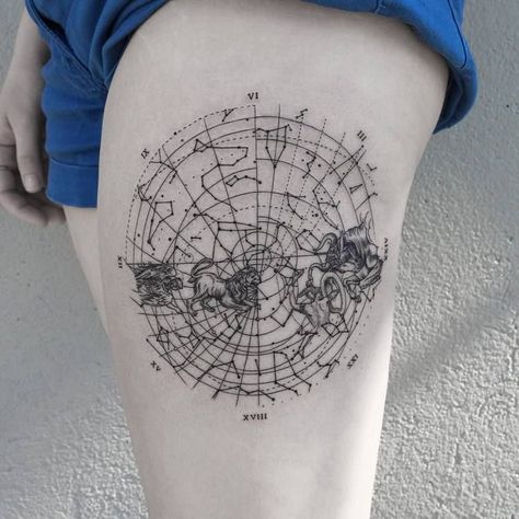 Black circular Northern hemisphere constellations map tattoo inked on the left thigh Constellations Map, Fibonacci Tattoo, Arm Tattoos Drawing, Science Tattoo, Hip Tattoo Designs, Map Tattoo, Brain Tattoo, Tattoo Thigh, Map Tattoos