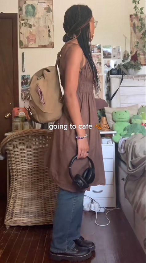 ootd, outfit, fashion, dress, dress over jeans, brown dress, earthy, brown, earty outfits, summer outfit, fall outfit Brown Dress Outfit Aesthetic, Brown Dress Outfit Casual, Dress With Jeans Underneath, Brown Dress Outfit, Brown Dresses Outfit, Dress With Jeans, Dress Over Jeans, Jeans Brown, Earthy Brown