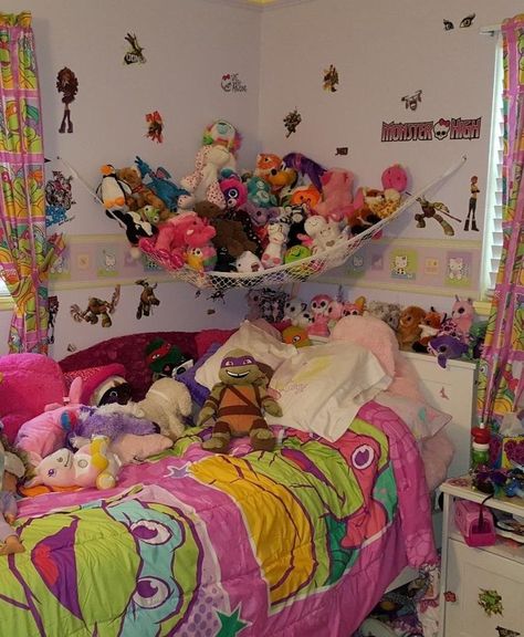 Bedroom Ideas Y2k, Toy Storage Hammock, Storage Hammock, Bed Corner, Y2k Bedroom, Toy Hammock, Cute Bedroom Ideas, 2000s Nostalgia, Baby Girl Boy