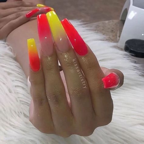 Red And Yellow Nails, Drip Nails, Neon Red, Exotic Nails, Long Acrylic Nails Coffin, Summer Acrylic Nails, Neon Nails, Yellow Nails, Hot Nails