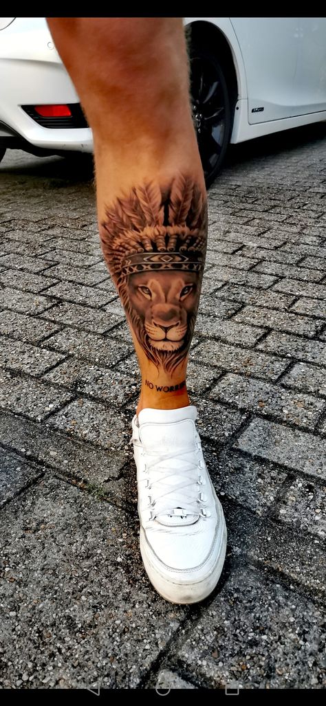 Lion Calf Tattoo, No Worries Tattoo, Lion Tattoo Leg, Tattoo Leg Men, Lion Leg Tattoo, Calf Sleeve Tattoo, Simple Leg Tattoos, Ankle Tattoo Men, Calf Tattoo Men