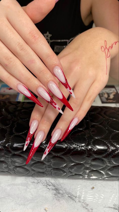 Red Stiletto French Tip Nails, Stiletto Red Nails Design, Pointed Acrylics, Long Red Stiletto Nails, Red Stilleto Nails Designs, Long Red Acrylic Nails, Red Stiletto Nails Designs, Red Nails Stiletto, Red Stiletto Nails