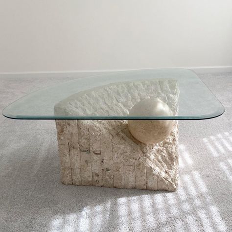 Trying to find the right seating to go with this table has turned out to be impossible. Thinking about surrounding it with rope and turning… Chic Office Space, Blue Coffee Tables, Coffee Side Table, Postmodern Design, Beige Stone, Stone Coffee Table, Coffee Table Desk, Glass Top Coffee Table, Curved Glass