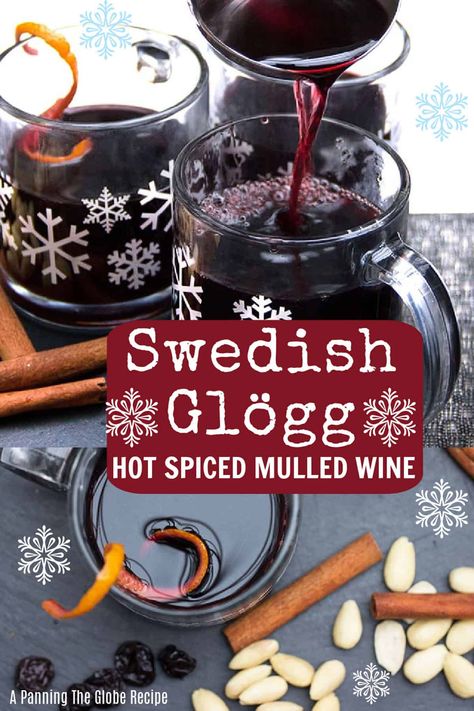 Swedish Glögg is the Scandinavian version of a hot toddy. The perfect drink to serve for the holidays. Delicious hot spiced mulled wine with some surprises at the bottom of the cup. #Glögg #MulledWine #HolidayDrink #HotSpicedWine Glogg Recipe, Spiced Wine Recipe, Mulled Wine Recipe, Wine Recipe, Spiced Drinks, Spiced Wine, Hot Toddy, Swedish Recipes, Winter Drinks