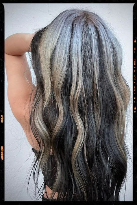 Black Hair With Peek A Boo Highlights, Blonde With Brown Front Pieces, Black And White Hair Color Aesthetic, Platinum On Dark Hair, Balayage With Dark Underneath, Two Tone Hair Blonde And Brown Underneath, Silver Hair With Dark Underneath, White Hair With Black Lowlights, Silver To Black Hair