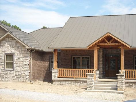 brick home with metal roof | metal roof homes - Bing Images Exterior Home Makeover, Metal Roof Houses, Corrugated Metal Roof, Building A Porch, Steel Roofing, Metal Roofing, Exterior Home, Roof Colors, Tin Roof