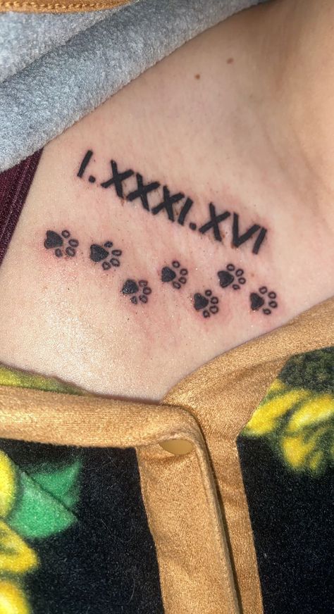 Roman Numeral Tattoo For Dog, Roman Numeral Birthday, Numeral Numbers, Roman Numeral Tattoo, Numeral Tattoo, Dogs Birthday, Roman Numeral Tattoos, Dog Paw Tattoo, Date Tattoos