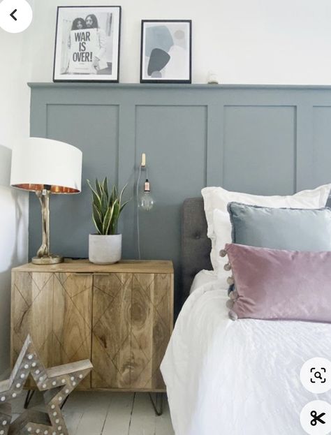 Batten Board Bedroom, Blue Bedroom Panelling, Blue Panelling, Bedroom Panelling, Batten Board, No Headboard, Dubai Apartment, Wall Paneling Ideas, Panels Bedroom