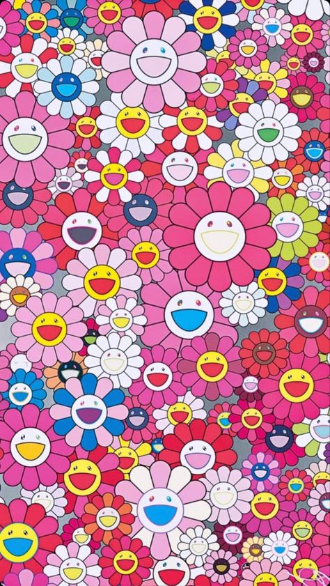 Takashi Murakami Wallpaper Aesthetic, Takashi Flower Wallpaper, Takashi Murakami Flower Wallpaper Iphone, Murakami Flower Wallpaper Iphone, Smiling Flower Wallpaper, Kaws Aesthetic Wallpaper, Takashi Murakami Wallpaper, Murakami Wallpaper, Colorful Flower Painting