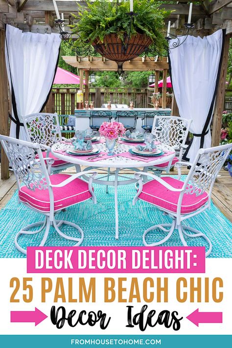 25 Deck Decorating Ideas & A Palm Beach Chic Deck Makeover Beach Chic Decor, Garden Patios, Palm Beach Decor, Palm Beach Chic, Summer Outdoor Decor, Deck Makeover, Outdoor Console Table, House To Home, Beach Patio