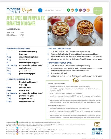 2b mindset apple spice and pumpkin pie breakfast mug cake Breakfast Mug Cake, Beachbody Meal Plan, Pumpkin Pie Breakfast, Pie Breakfast, Breakfast Dessert Recipes, Golo Recipes, Breakfast Mug, Fixate Recipes, 2b Mindset