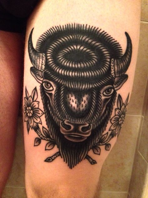 Bison Head Tattoo, Traditional Buffalo Tattoo, Buffalo Tattoo, Bison Head, Saved Tattoo, Tattoo Quotes For Women, Tattoo Prices, Famous Tattoos, Female Tattoo Artists