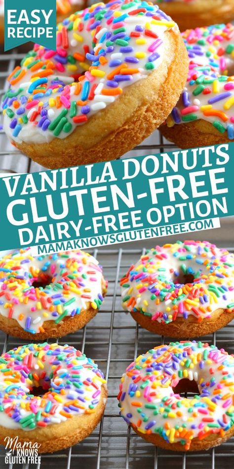 Gluten-free vanilla donuts with topped with vanilla icing and sprinkles. Dairy Free Donuts, Gluten Free Donut Recipe, Gluten Free Doughnuts, Gluten Free Vanilla Cake, Gluten Free Dairy Free Dessert, Paleo Snack, Dairy Free Snacks, High Protein Desserts, Dairy Free Breakfasts