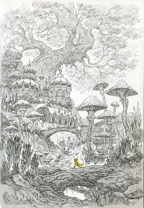 Forest Sketch, Pen Art Drawings, Landscape Sketch, Fantasy Drawings, Perspective Art, Architecture Drawing Art, Fantasy Forest, Landscape Drawings, Fantasy Art Landscapes