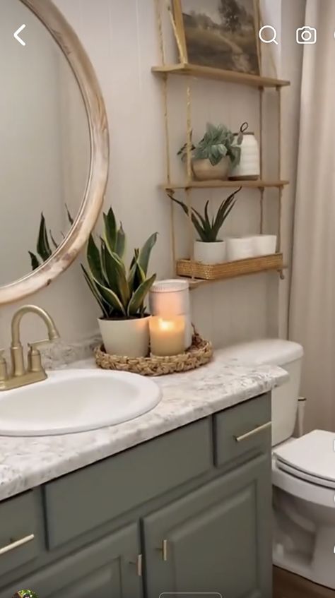 Green And Gold Guest Bathroom, Boho Sage Green Bathroom, Sage And Wood Bathroom, Sage Bathroom Ideas Decor, Woodland Bathroom Ideas, Sage Green Bathroom Decor Ideas, Sage And Gold Bathroom, Sage Green And Gold Bathroom, Sage Green Bathroom Ideas Decor