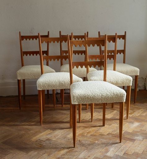 A Good Chair on Instagram: “A rare set of Paolo Buffa scalloped back chairs, 1950’s 〰️ SOLD Newly upholstered in ivory bouclé, available as a set of 4 or 6. #paolobuffa” Camilla Frances, Minimal Chairs, Interiors Design, Chair Cushion, Cool Chairs, Take A Seat, Dining Room Design, Interior Furniture, Upholstered Chairs