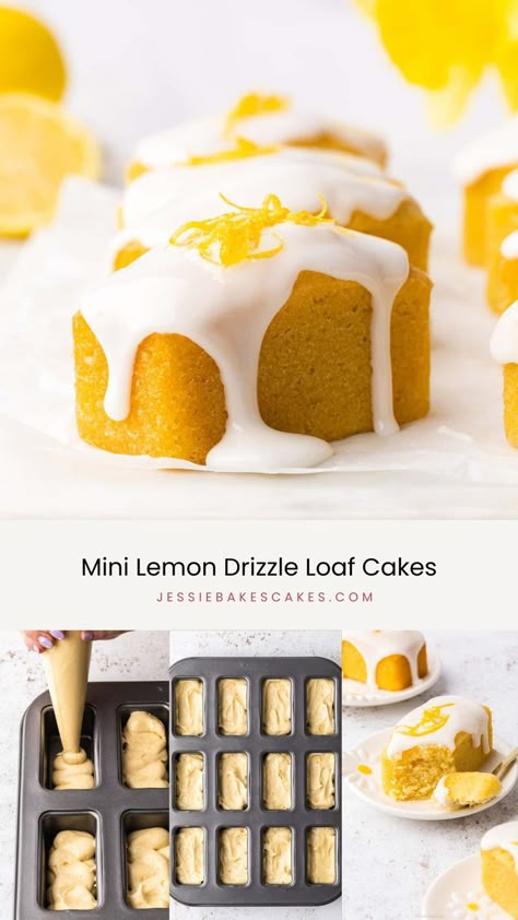 Get the full step-by-step recipe for these delicious mini lemon drizzle loaf cakes! These Mini Lemon Drizzle Loaf Cakes are a bitesize version of the classic cake recipe and are jam-packed with zingy lemony flavour! Made using fresh lemon zest, these soft and fluffy mini loaf cakes are infused with a sweet lemon juice drizzle. They’re finished with lemon icing and lemon peel for an easy and delicious decoration, perfect for picnics, afternoon tea or a celebration. Mini Lemon Drizzle Cake, Mini Lemon Loaves, Afternoon Tea Cake Ideas, Mothers Day Afternoon Tea, Cake Loaf Decoration, Mini Loaf Cakes Decorated, Mini Cake Designs Birthday, Mini Sponge Cakes, Mini Tea Cakes