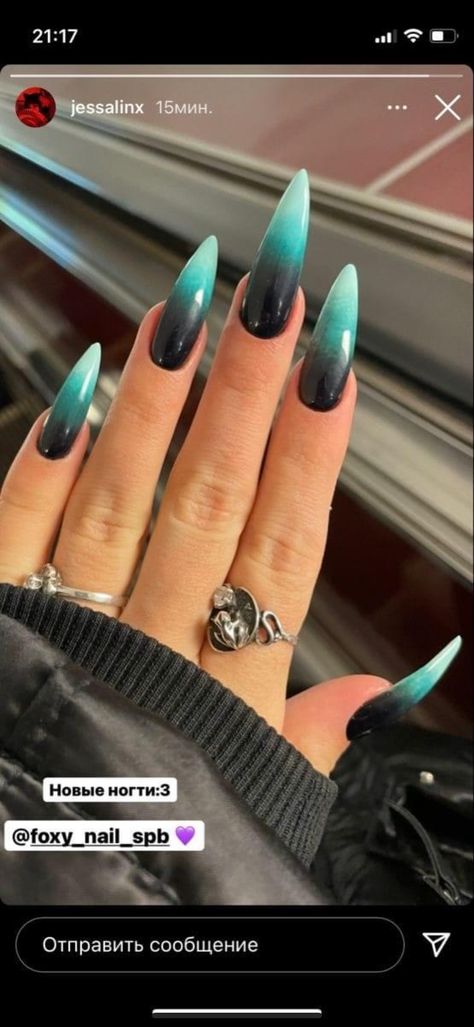 Dark Ombre Nails Coffin, Ombre Black And Blue Nails, Purple Almond Nails Ideas, Teal Nails Ombre, Black And Teal Ombre Nails, Ombre Nails Dark Colors, Black And Teal Nails Acrylic, Teal Gradient Nails, Black And Turquoise Nail Designs