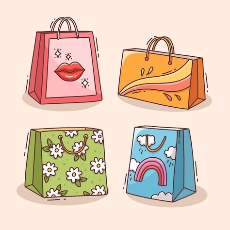 Free vector hand drawn shopping bag cart... | Free Vector #Freepik #freevector #pay #beautiful #fashionable #illustration Shopping Bags Drawing, Shopping Bag Drawing, Shopping Bag Illustration, Banners Design, Bag Illustration, Drawing Bag, Bag Cartoon, Fun Illustration, Bags Aesthetic