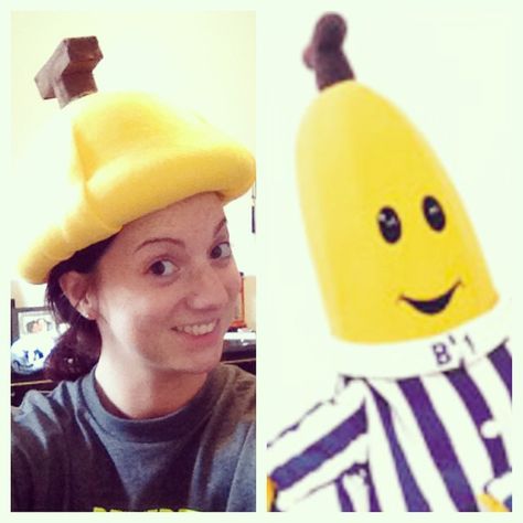 Homemade Banana Hat for my Bananas in Pyjamas Halloween Costume. Nailed It. Bananas In Pajamas Costume, Bananas In Pyjamas Costume, Banana Hat, Bananas In Pajamas, Book Week Costume Ideas, Banana In Pyjamas, Pajama Costume, Book Week Costume, Pretty Halloween Costumes