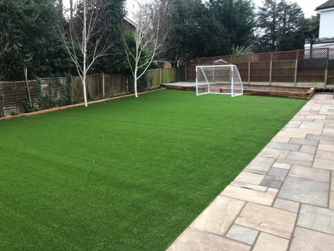 Football Garden Ideas, Soccer Field Backyard, House With Soccer Field, Mini Soccer Field Backyard, Soccer Backyard, Home Soccer Field, Fake Grass Decor, Turf Soccer Field Backyard, Outdoor Soccer Field