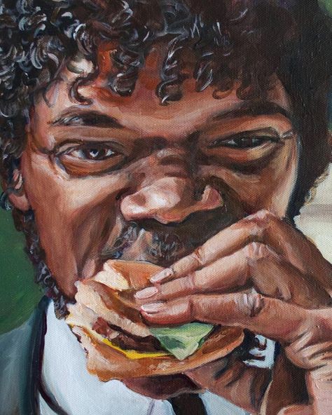 Jules Eats a Big Kahuna Burger - Pulp Fiction Painting - Portrait Print Pulp Fiction Painting, Pump Fiction, Fiction Painting, Movie Paintings, Burger Art, Big Kahuna Burger, Arte Pulp, Quentin Tarantino Movies, Tarantino Films