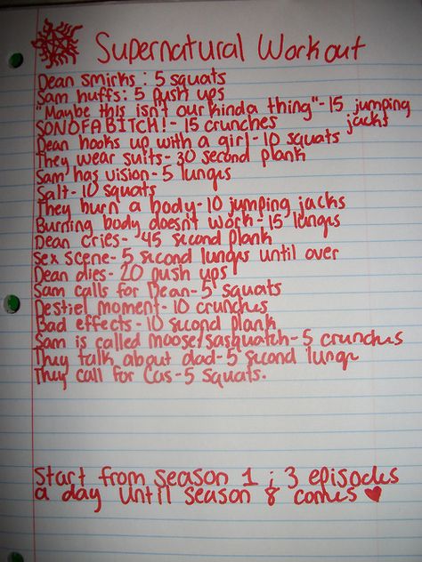 Supernatural Workout, if I did this at the rate I watch them...I think I might be dead. Supernatural Workout, Tv Show Workouts, Movie Workouts, Tv Workouts, I Watch, Supernatural Fandom, Geek Out, I Work Out, Get In Shape