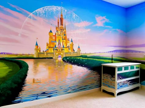 Disney Wall Painting, Disney Playroom, Disney Wall Murals, Castle Mural, Disney Mural, Chateau Disney, Disney Themed Nursery, Disney Themed Rooms, Baby Room Boy