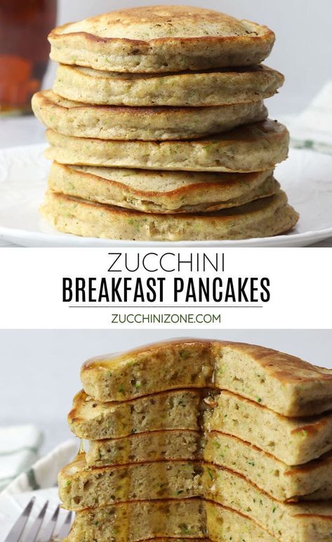 Zucchini breakfast pancakes recipe by Zucchini Zone. Zucchini breakfast pancakes taste like your favorite zucchini bread in pancake form. Thick, fluffy pancakes are filled with nutritious shredded zucchini and a pinch of cinnamon. #zucchinipancakes #breakfast #pancakes #zucchinibreadpancakes #cinnamon #zucchini #recipe Thick Fluffy Pancakes, Breakfast Pancakes Recipe, Zucchini Breakfast, Vanilla Pancakes, Zucchini Banana, Fluffy Pancake Recipe, Zucchini Pancakes, Breakfast Vegetables, Pancake Calories