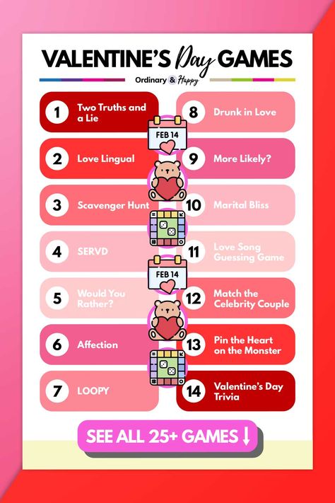 Valentine’s Day Games to Play with the Ones You Love (list of games 1-14 from the article). Valentines Games For Couples, Valentines Day Games, Couples Game Night, Monster Valentines, Fun Drinking Games, Valentines Games, Valentine's Day Games, Drunk In Love, Love List