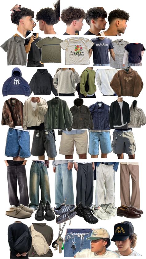 Thrifted Outfits Men, Capsule Wardrobe Men, Outfit Grid Men, Men's Capsule Wardrobe, Streetwear Fashion Men, Trendy Boy Outfits, Cool Kids Clothes, Black Men Street Fashion, Men Street Fashion