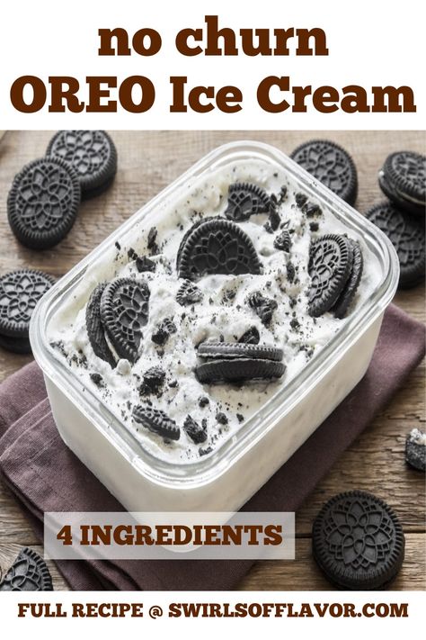 With just four ingredients you'll have a creamy Oreo Ice Cream for dessert! This homemade ice cream is so easy to make without an ice cream maker. An easy no churn ice cream made without eggs! Make Ice Cream Without Ice Cream Maker, Ice Cream Without Ice Cream Maker, Homemade Ice Cream No Churn, Homemade Oreo Ice Cream, Ice Cream Sundaes Toppings, Easy Ice Cream Recipe Homemade, Frozen Recipes, Homemade Peach Ice Cream, Frozen Treats Recipes