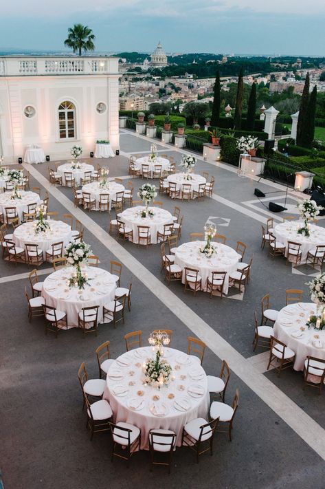 Villa Miani wedding reception designed by Dolce Vita Weddings Hanging Candle Centerpieces, Wedding In Rome, Outdoor Tent Wedding, Rome Wedding, White Floral Arrangements, Wedding Hall Decorations, Wedding Reception Design, Garden Weddings Ceremony, Wedding Buffet