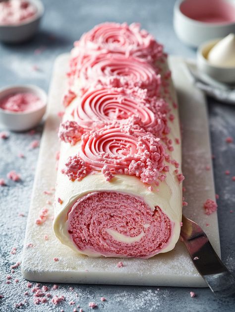 Pink Velvet Roulade 🍥   🍥 𝗜𝗻𝗴𝗿𝗲𝗱𝗶𝗲𝗻𝘁𝘀 🍥 For the Cake: 4 eggs 3/4 cup extra fine granulated sugar 1 tbsp oil 2 tbsp buttermilk 1 tsp cider vinegar 1 tsp vanilla extract 1 drop or small dab of Wilton rose gel food coloring (Americolor pink works as well) 1 cup all-purpose flour 1 tsp baking powder 1/2 tsp salt For the Swiss Buttercream Filling: 1/4 cup sugar 1 large egg white (use two whites if your eggs are small) 12 tbsp unsalted butter (1 1/2 sticks) 1/2 tsp vanilla extract Swiss Buttercream, Cake Roll Recipes, Buttercream Filling, Roll Recipes, Gel Food Coloring, Fancy Desserts, Egg White, Cake Roll, Velvet Cake