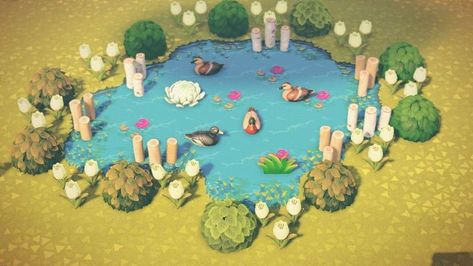 #acnh #animalcrossing #animalcrossingnewhorizon #ACNH #acnhspeedbuild #duckpond Pond Acnh, Duck Island, Pond Animals, Duck Pond, Pond Design, New Animal Crossing, Like Button, Fantasy House, Animal Crossing Game