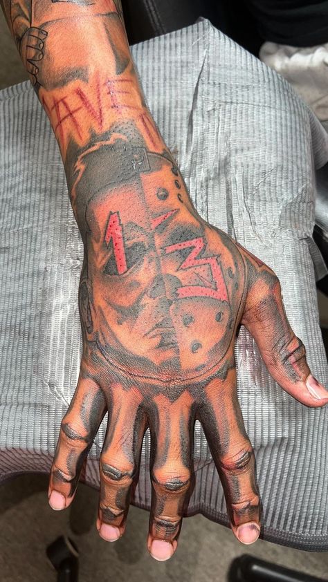 𝕭𝖎𝖌𝕷𝖔𝖔𝖙 on Reels | Hunxho · Self Revive | Reels Jason Hand Tattoo, Hand Tattoos For Guys Aesthetic, Exotic Tattoos Men, Y2k Tattoo Men, Hand Tattoos For Black Guys, Black And White Tattoos For Men, Hood Hand Tattoos, Black Tattoos Men, Fear None Tattoo Men