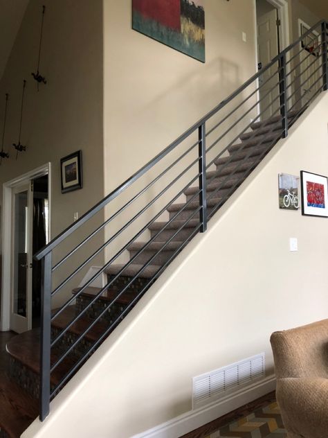 Simple Metal Stair Railing, Coastal Stairs, Metal Staircase Railing, Metal Staircase, Metal Stair Railing, Interior Stair Railing, Metal Spindles, Stair Rails, Modern Railing