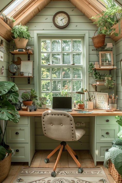 16 Gorgeous She Shed Interior Ideas You’ll Love 17 Cottage Workshop, Small Crafting Room Ideas, She She, Window Shed Ideas, Whimsical Office Ideas, Space Saving Decor, Business Interior, She Shed Cabin, Tiny House With Office