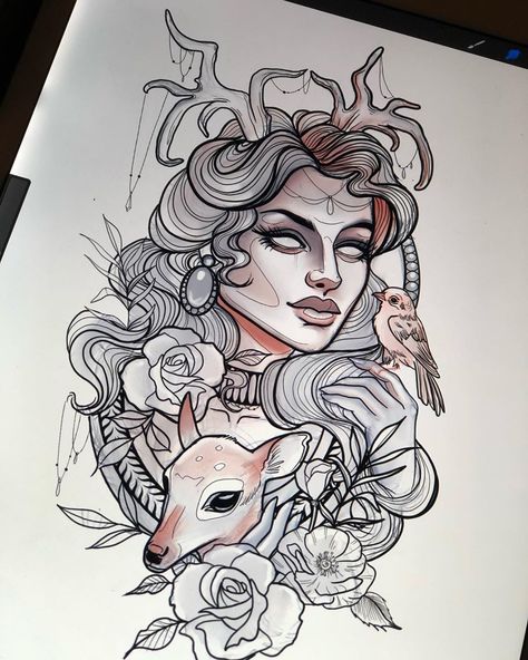 Mother Nature neotraditional ladyface tattoo design #tattoo #ink #tattoos #tattoosforwoman #prettyladyfacetattoo Jenna Tattoo, Aphrodite Goddess Tattoo, Neotraditional Tattoo Lady, Neo Traditional Female Face, Neotraditional Lady Head, Greek Mythology Aphrodite, Mythology Aphrodite, Neo Traditional Woman Face Tattoo, Neotraditional Goddess Tattoo