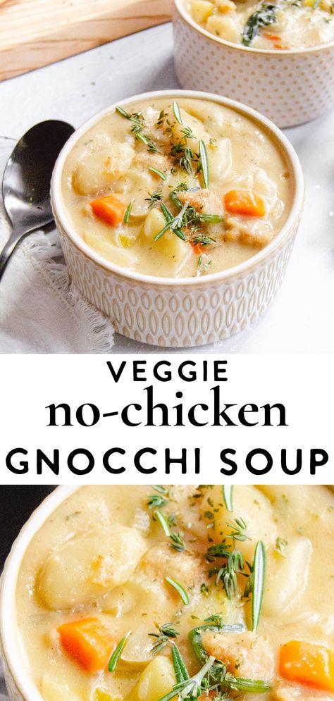 An easy, fast, and creamy vegan chicken gnocchi soup recipe. This comforting vegan soup is dairy free and uses plant-based chicken (Morning Star brand) to create a super filling soup perfect for any fall or winter dinner. This thick and creamy soup is similar to a stew but is fast & takes less than an hour! Hearty and high protein this soup tastes like a chicken pot pie in soup form! A vegan version of the Panera copycat recipe. Pot Pie Soup Vegetarian, Vegan Chicken Gnocchi Soup, Vegan Gnocchi Soup Recipes, Gnocchi Soup Vegan, High Protein Vegan Soup Recipes, Vegan Winter Soups, Easy Vegan Dinner Recipes Healthy, Vegan Protein Soup, Vegan Chicken Soup