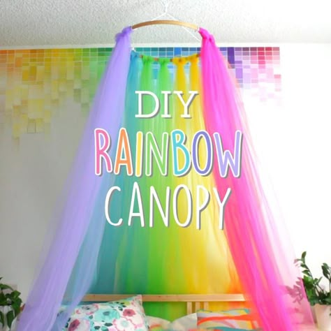 DIY Rainbow Canopy Rainbow Canopy, Girls Rainbow Bedroom, Rainbow Room Kids, Unicorn Room Decor, Rainbow Bedroom, Unicorn Room, Unicorn Bedroom, Fantasy Bedroom, Diy Rainbow