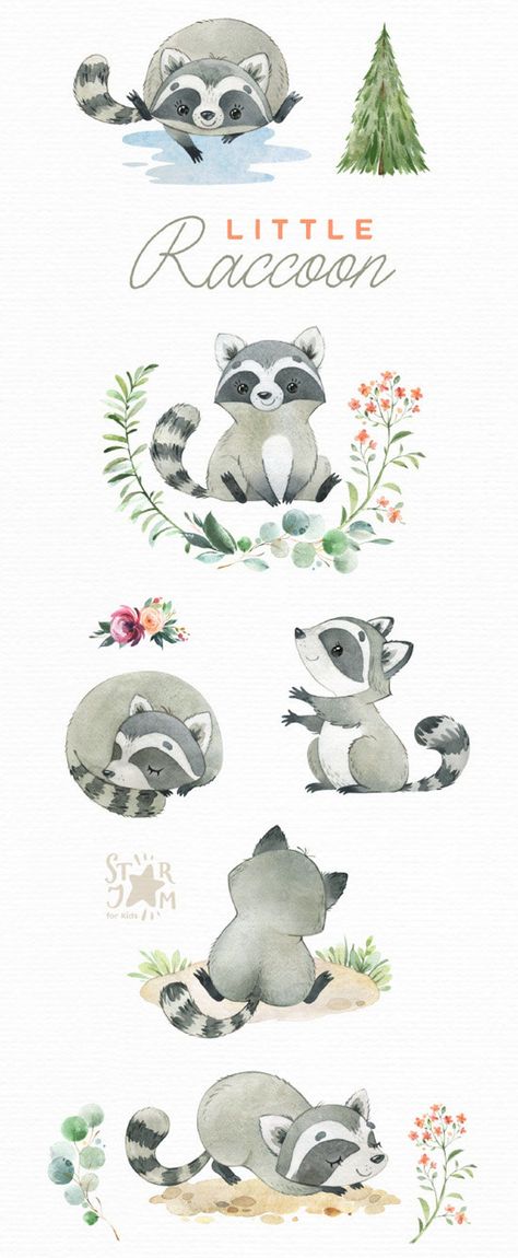 Skunk Illustration Cute, Cute Raccoon Art, Forest Animals Drawing, Cute Raccoon Drawing, Raccoon Watercolor, Baby Forest Animals, Forest Wreath, Raccoon Clipart, Forest Animals Illustration