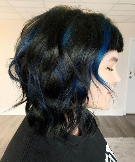 Short Black Hair With Blue Highlights Black Hair With Blue Highlights, Colored Hairstyles, Blue Hair Highlights, Haircare Shampoo, Short Hair Highlights, Dyed Hair Blue, Blue Black Hair, Hair 2022, Bleaching Your Hair