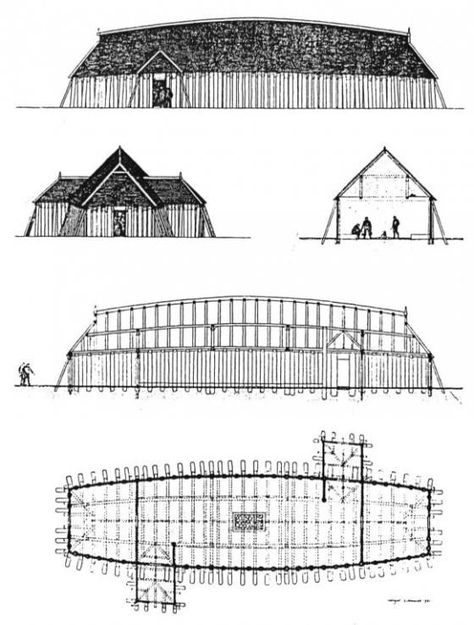 Drawings of reconstructed viking age house from Fyrkat Viking Longhouse, Viking Hall, Viking Tent, Nordic Architecture, Viking House, Viking Village, Scandinavian Architecture, Viking Life, Long House