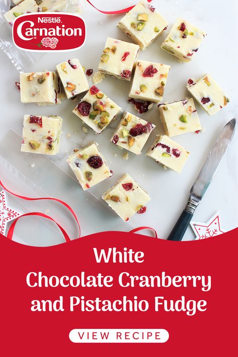 Easiest Fudge Recipe, Fudge Recipe Condensed Milk, Cranberry Pistachio Fudge, Pistachio Fudge, White Chocolate Fudge Recipes, Cranberry Fudge, Christmas Cranberry, White Chocolate Fudge, Fudge Ingredients