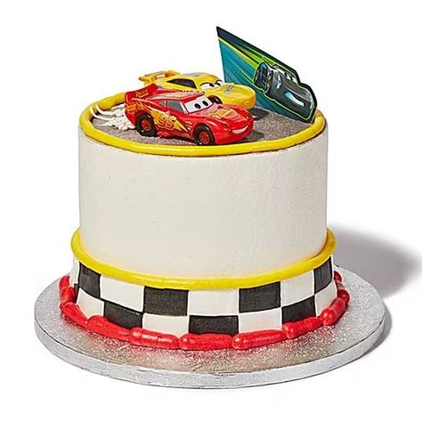 Lightning McQueen, Cruz Ramirez and Jackson Storm are racing to your party! This Cars Celebration Cake is a layered vanilla or chocolate cake with buttercream icing, an optional surprise of Bright... Chocolate Cake With Buttercream, Race Car Cakes, Cruz Ramirez, Jackson Storm, Cars Birthday Cake, Cars Cake, Cake With Buttercream, Celebration Cake, Car Cake